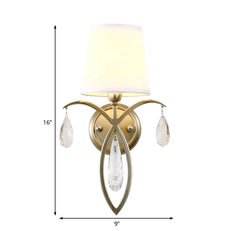 Modern 1-Light Conic Wall Lamp with Teardrop Crystal Deco in Brass - Stylish Fabric Sconce for Bedroom