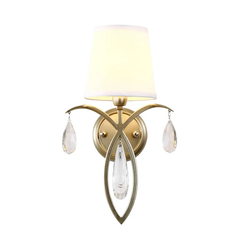 Modern 1-Light Conic Wall Lamp with Teardrop Crystal Deco in Brass - Stylish Fabric Sconce for Bedroom