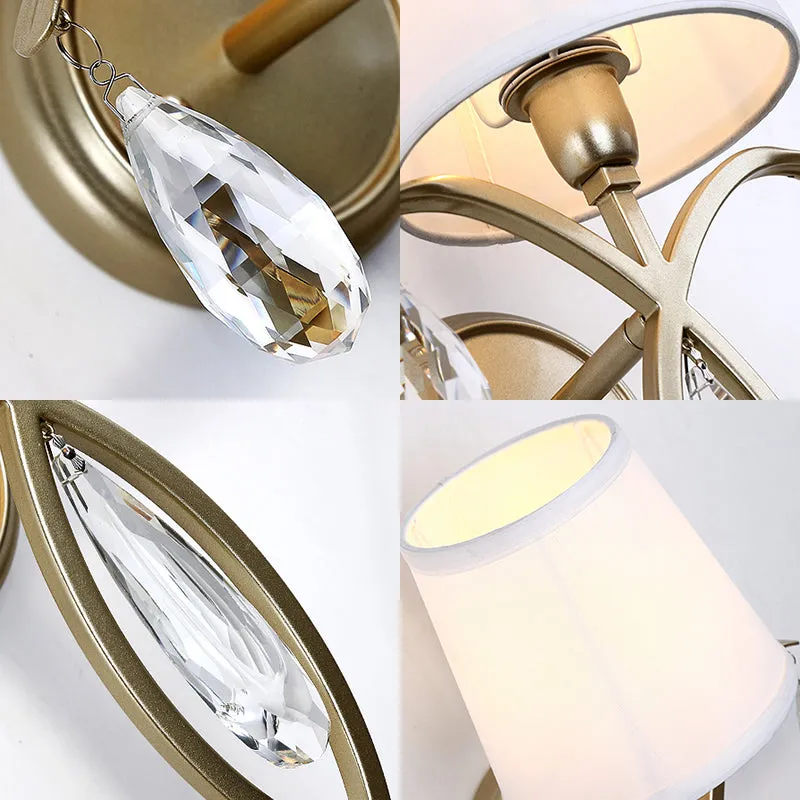 Modern 1-Light Conic Wall Lamp with Teardrop Crystal Deco in Brass - Stylish Fabric Sconce for Bedroom
