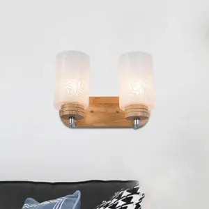 Modern 2-headed White Glass Cylinder Wall Sconce with Wood Wall Mount and Rose Pattern