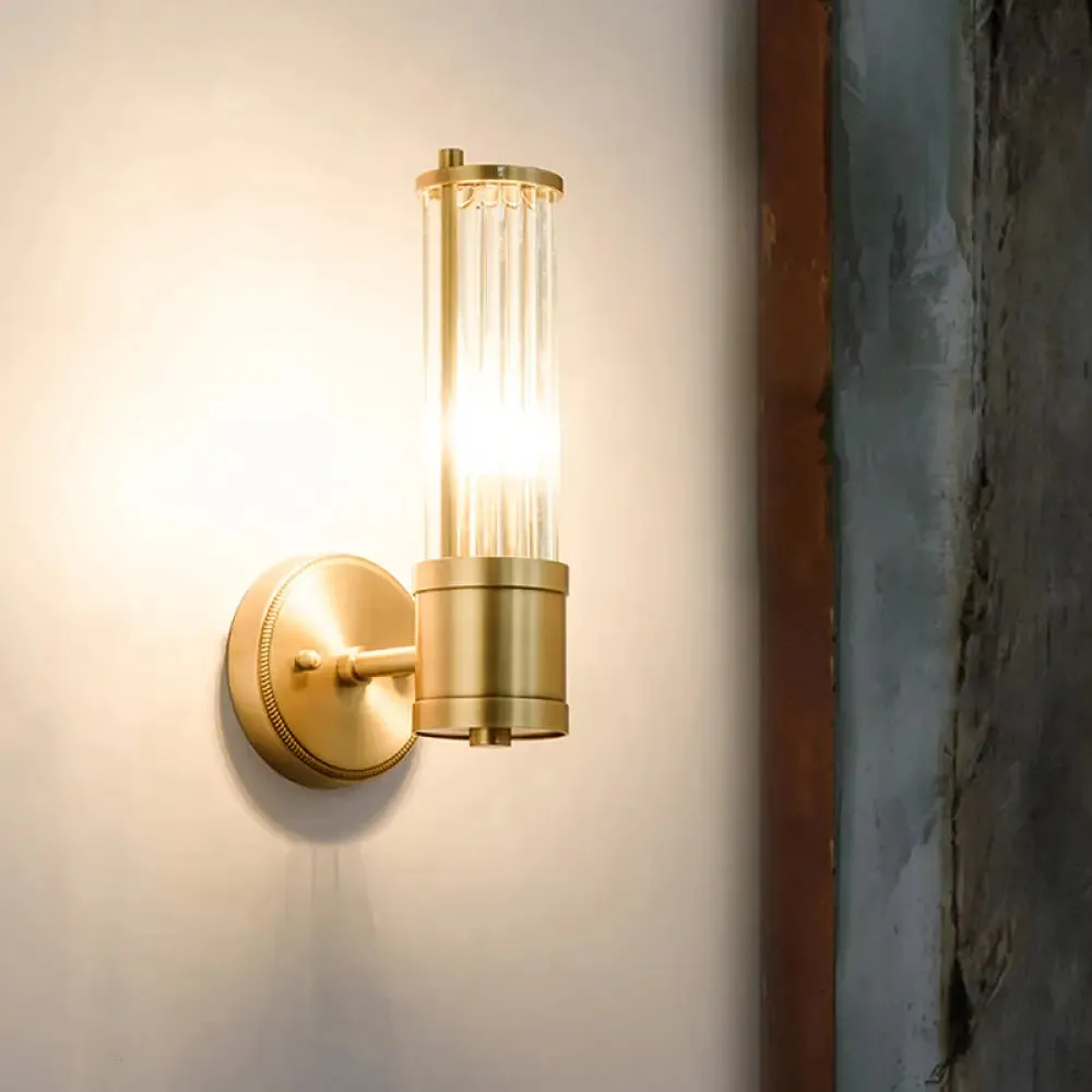 Modern Brass Wall Sconce with Crystal Cylinder Shade - Ideal for Hallways and Wall Mount Lighting