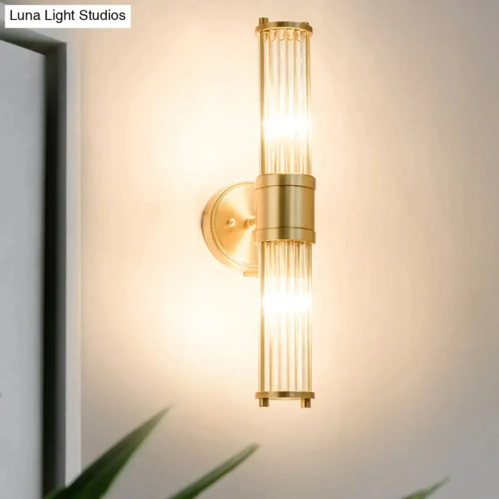 Modern Brass Wall Sconce with Crystal Cylinder Shade - Ideal for Hallways and Wall Mount Lighting