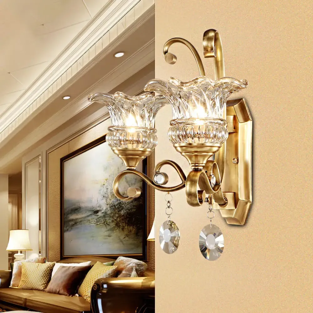 Modern Clear Glass Flower Sconce: Brass Wall Lamp with Crystal Accent - 1/2 Lights