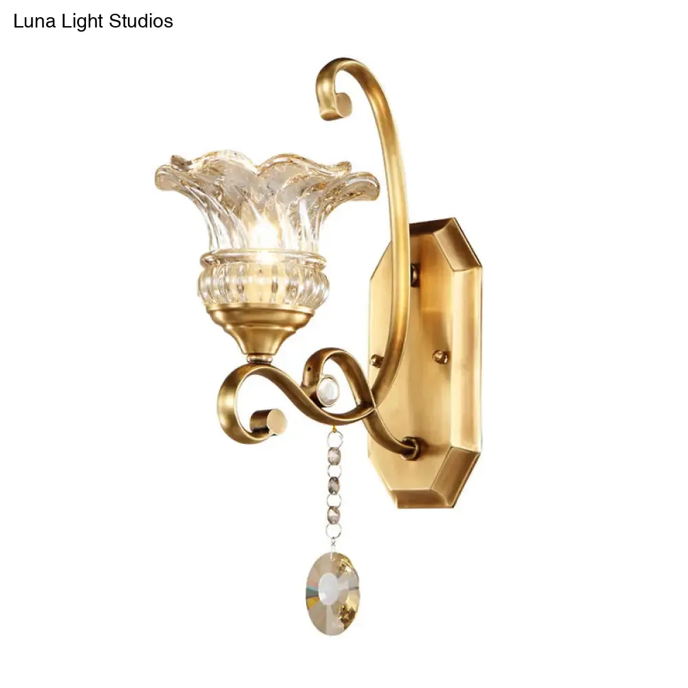 Modern Clear Glass Flower Sconce: Brass Wall Lamp with Crystal Accent - 1/2 Lights