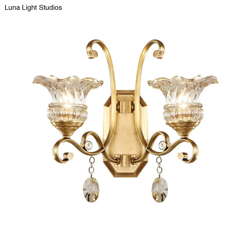 Modern Clear Glass Flower Sconce: Brass Wall Lamp with Crystal Accent - 1/2 Lights