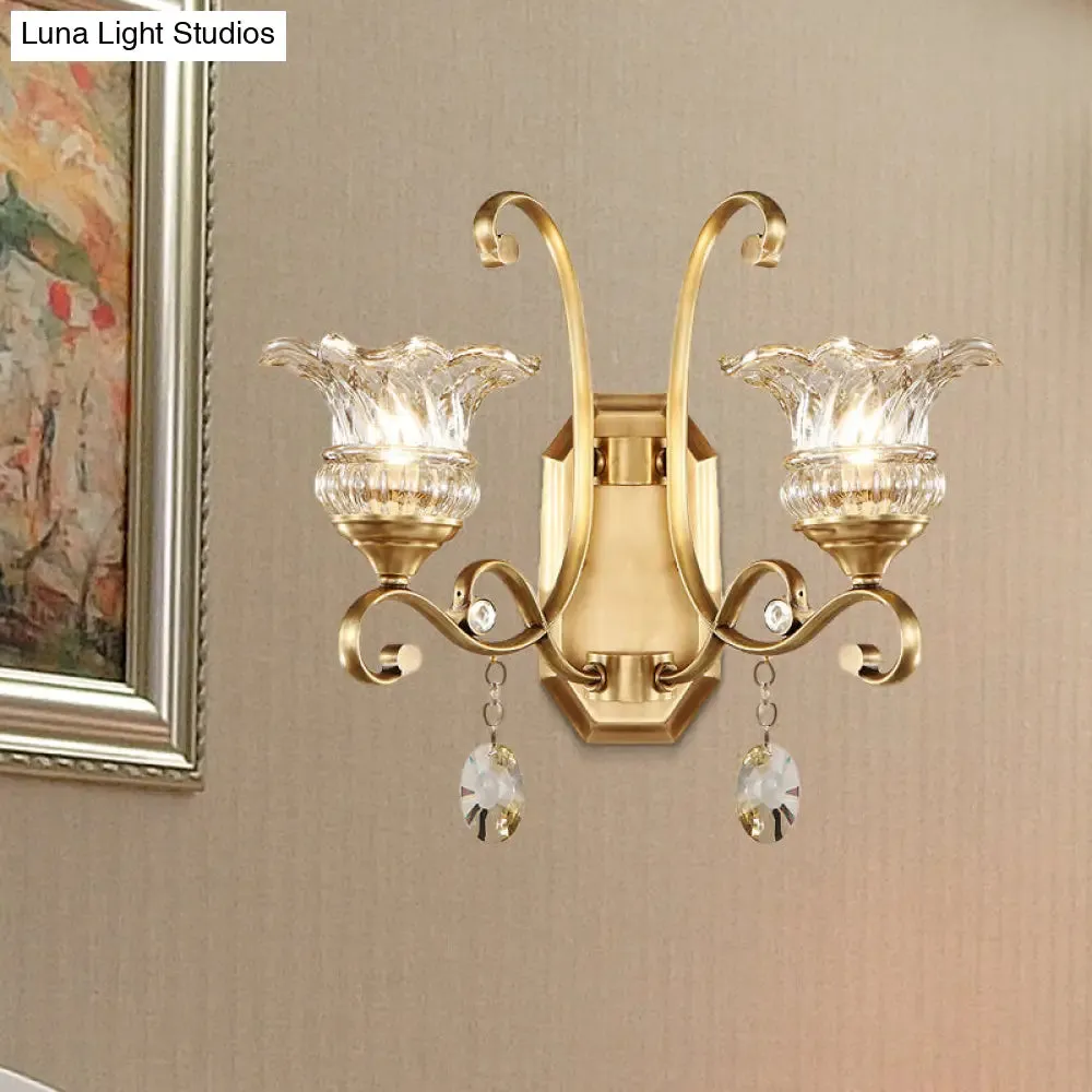 Modern Clear Glass Flower Sconce: Brass Wall Lamp with Crystal Accent - 1/2 Lights