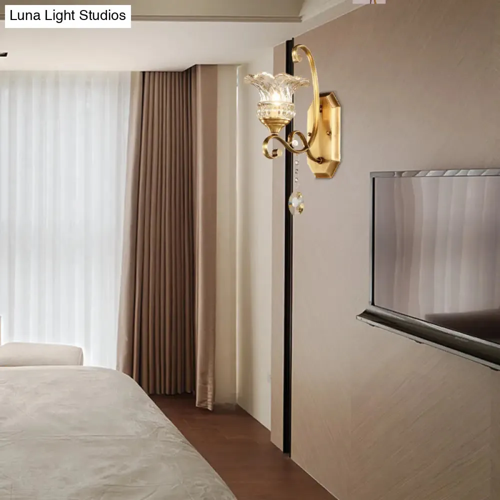Modern Clear Glass Flower Sconce: Brass Wall Lamp with Crystal Accent - 1/2 Lights