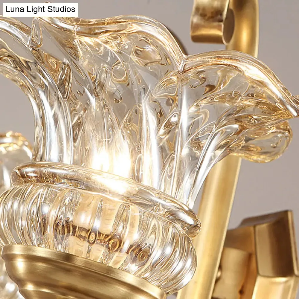Modern Clear Glass Flower Sconce: Brass Wall Lamp with Crystal Accent - 1/2 Lights