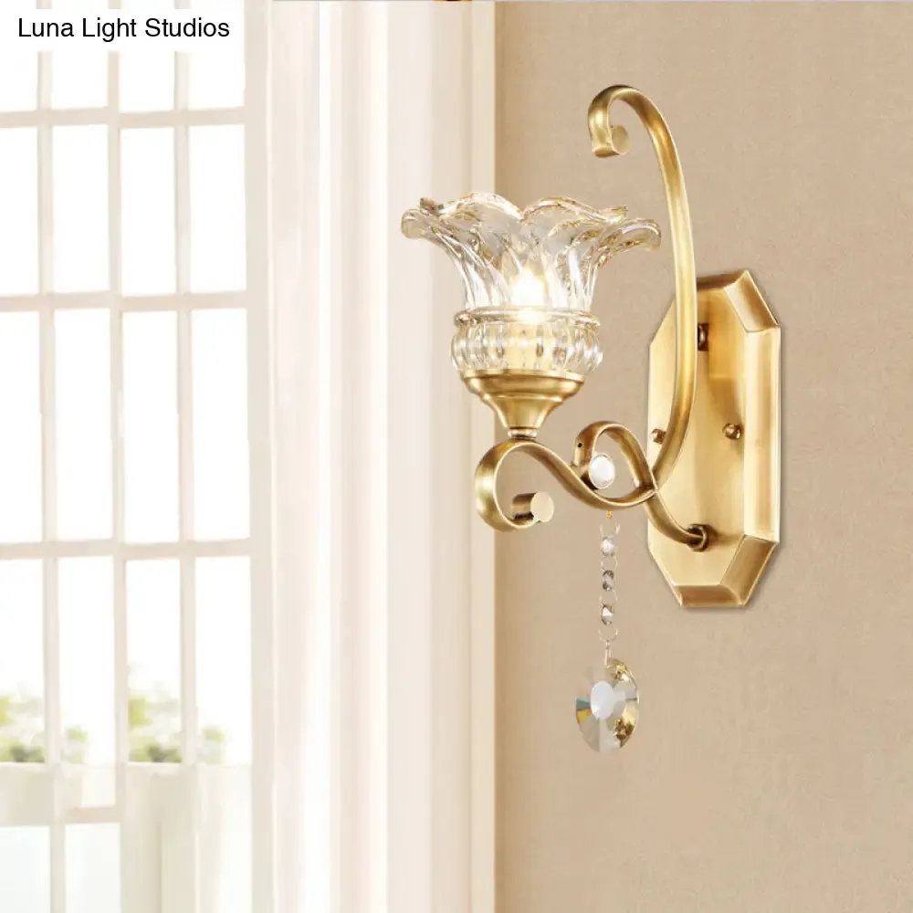 Modern Clear Glass Flower Sconce: Brass Wall Lamp with Crystal Accent - 1/2 Lights