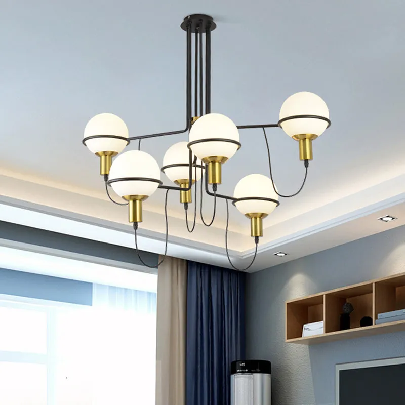 Modern Gold Radial Chandelier with White Glass Sphere Shades - Multi-Light Metal Hanging Lamp Fixture