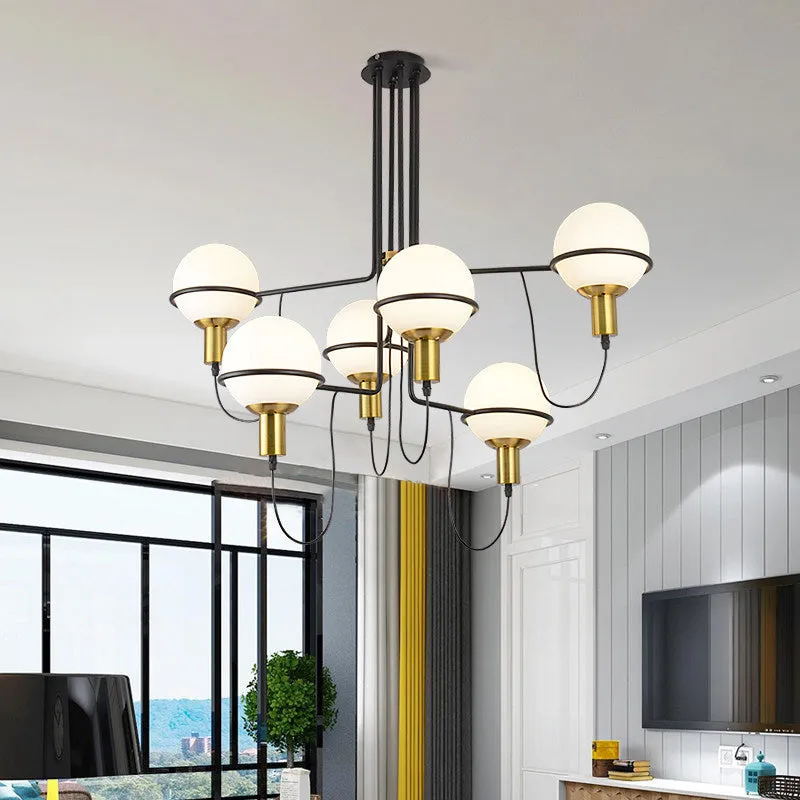 Modern Gold Radial Chandelier with White Glass Sphere Shades - Multi-Light Metal Hanging Lamp Fixture
