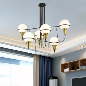 Modern Gold Radial Chandelier with White Glass Sphere Shades - Multi-Light Metal Hanging Lamp Fixture