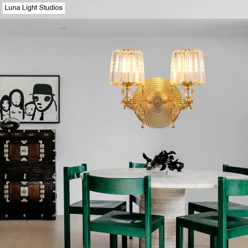 Modern Gold Tapered Wall Light Fixture - Elegant Crystal Block Sconce for Bedroom - 1/2 Lights