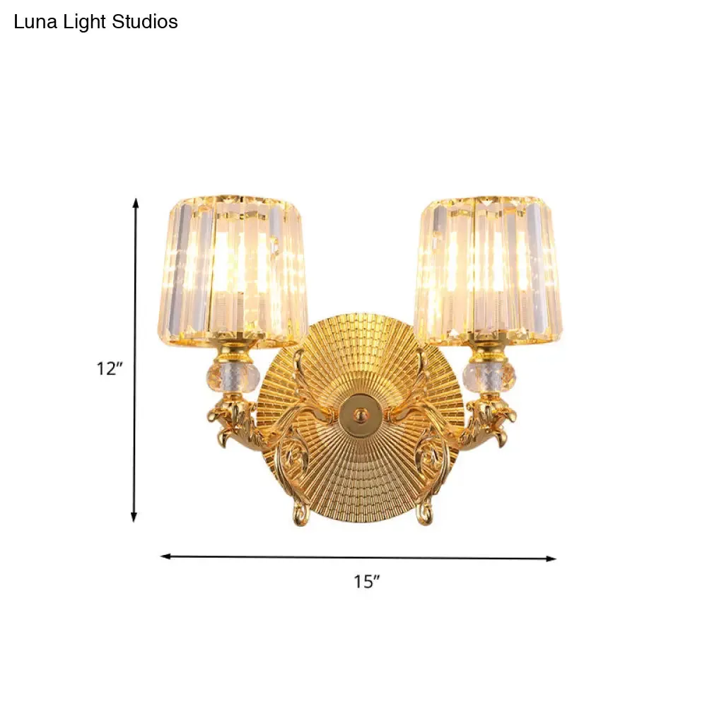 Modern Gold Tapered Wall Light Fixture - Elegant Crystal Block Sconce for Bedroom - 1/2 Lights
