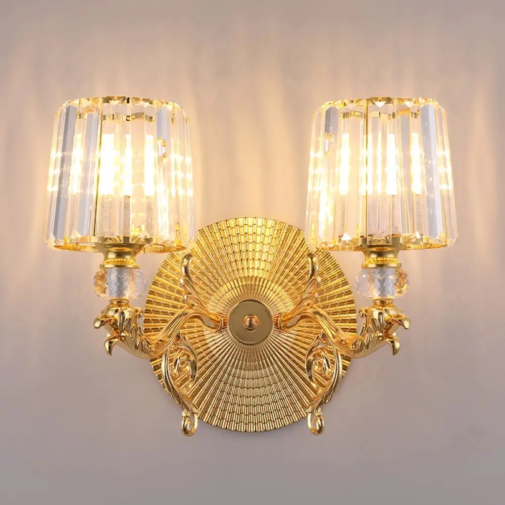 Modern Gold Tapered Wall Light Fixture - Elegant Crystal Block Sconce for Bedroom - 1/2 Lights