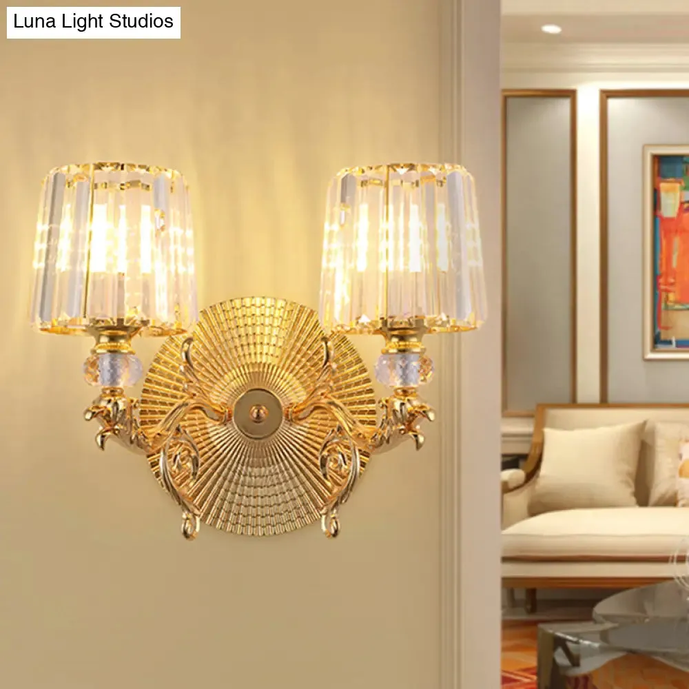 Modern Gold Tapered Wall Light Fixture - Elegant Crystal Block Sconce for Bedroom - 1/2 Lights