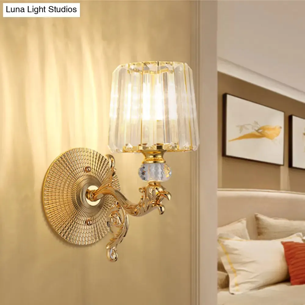 Modern Gold Tapered Wall Light Fixture - Elegant Crystal Block Sconce for Bedroom - 1/2 Lights
