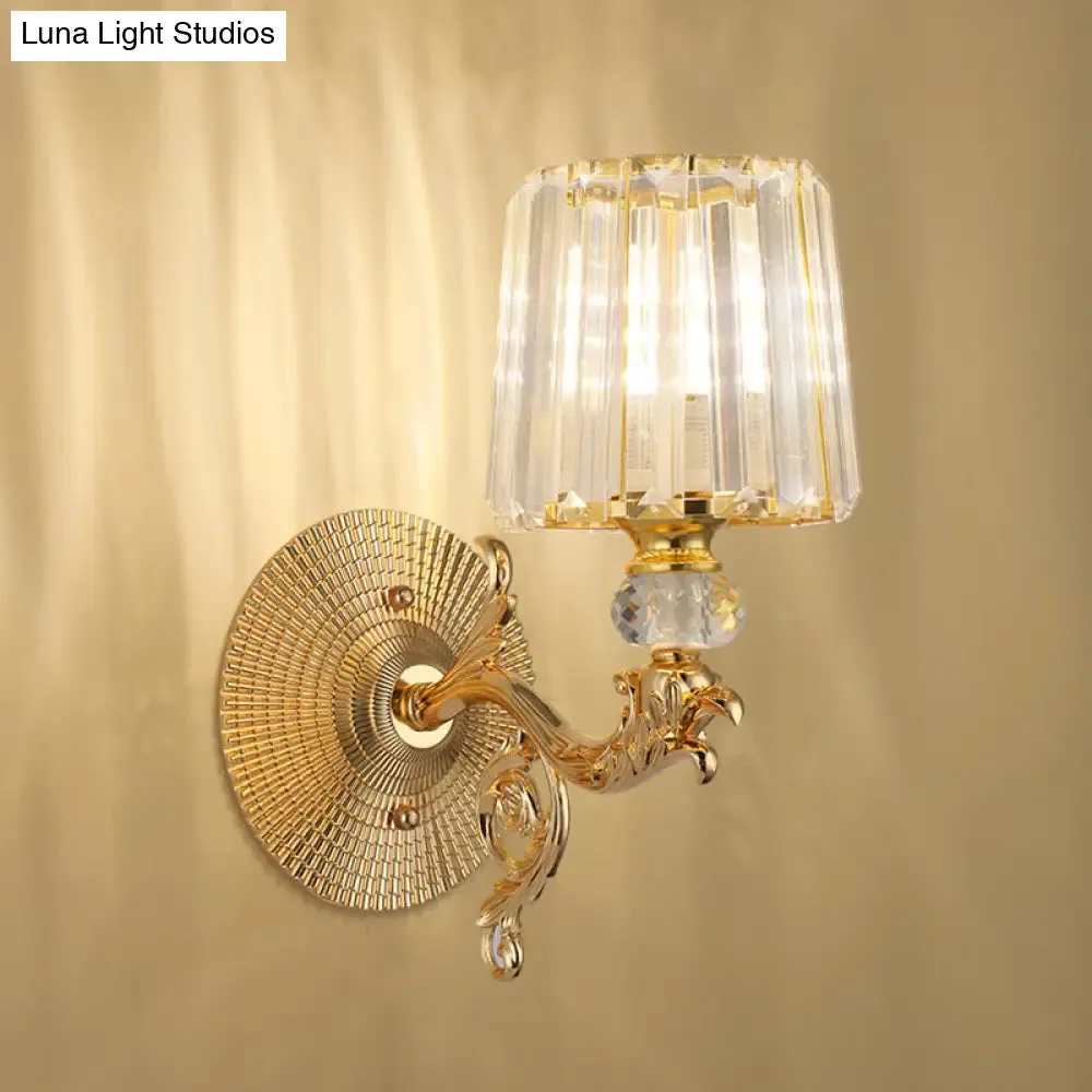Modern Gold Tapered Wall Light Fixture - Elegant Crystal Block Sconce for Bedroom - 1/2 Lights