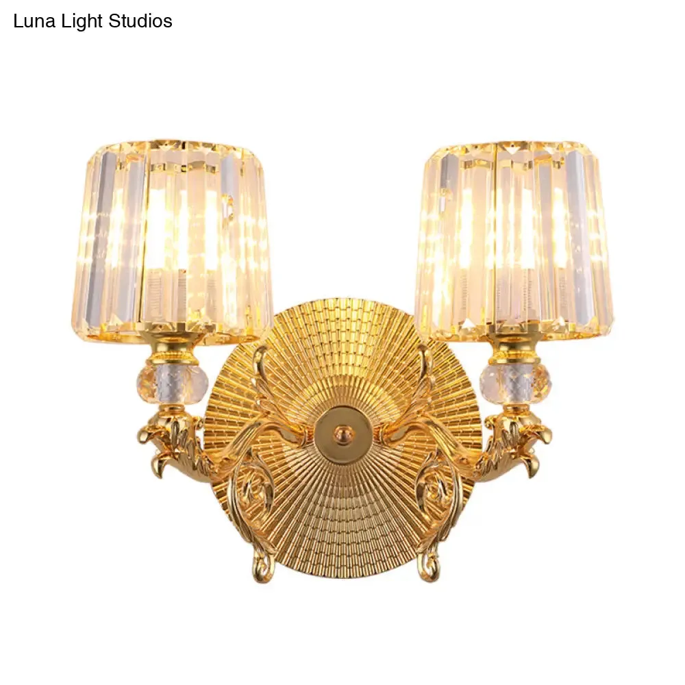 Modern Gold Tapered Wall Light Fixture - Elegant Crystal Block Sconce for Bedroom - 1/2 Lights