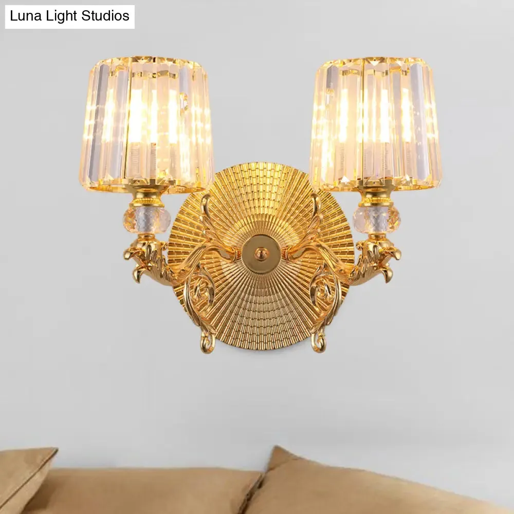 Modern Gold Tapered Wall Light Fixture - Elegant Crystal Block Sconce for Bedroom - 1/2 Lights