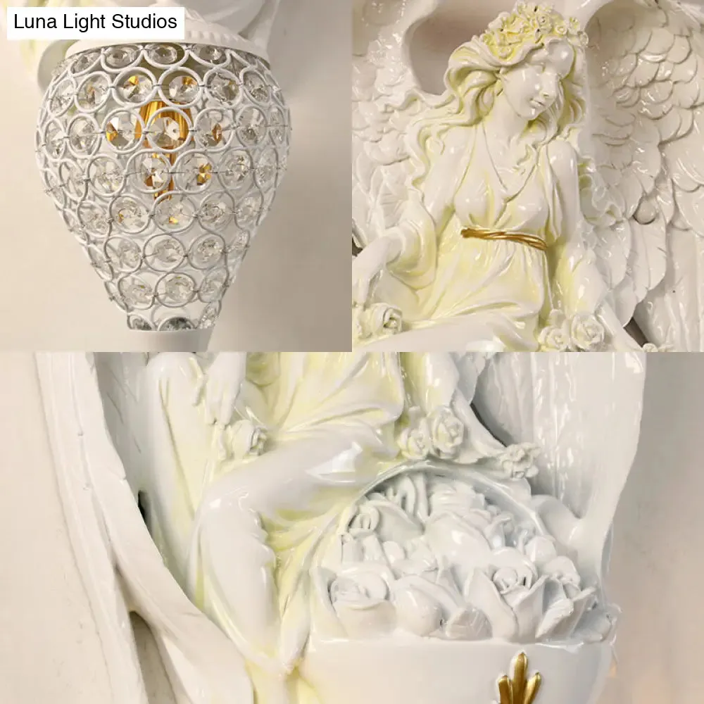 Modern White Resin Bedroom Angel Wall Light with Crystal Shade