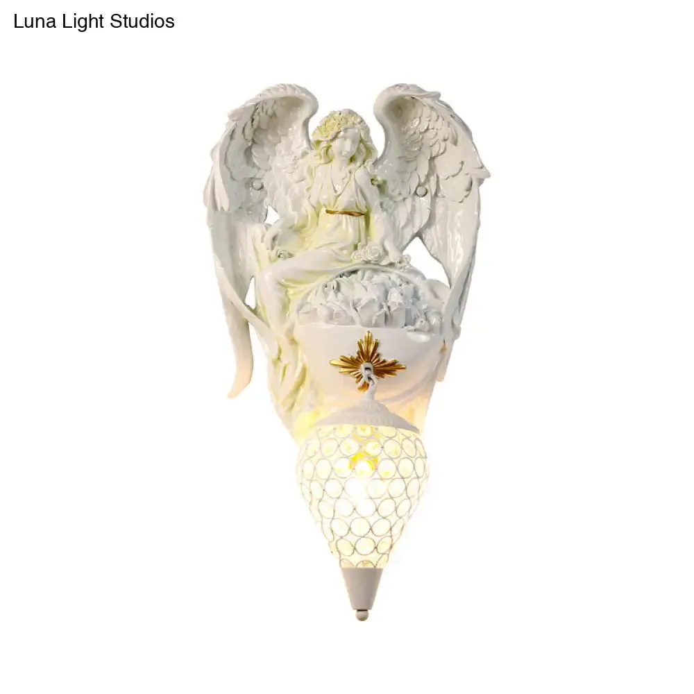 Modern White Resin Bedroom Angel Wall Light with Crystal Shade