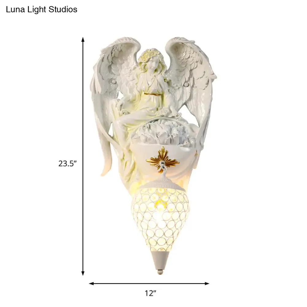 Modern White Resin Bedroom Angel Wall Light with Crystal Shade
