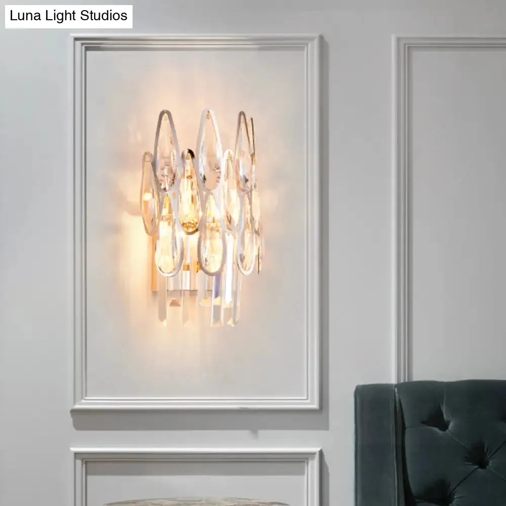 Nordic Chrome Sconce Light with Crystal Teardrop Shade - 1 Light Wall Mount for Living Room