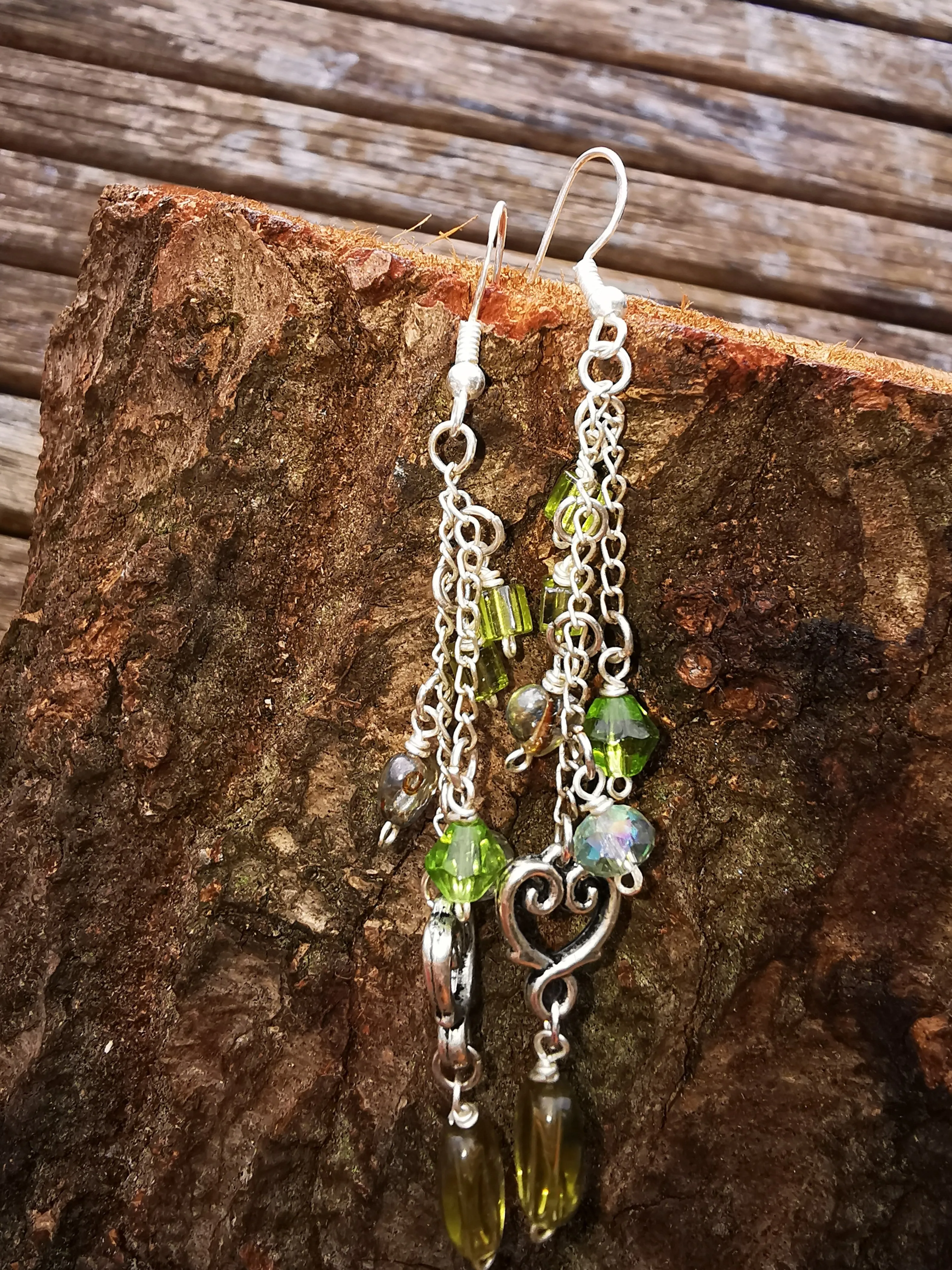 Picassos Heart, long drop silver plated earrings with 925 silver earwires,