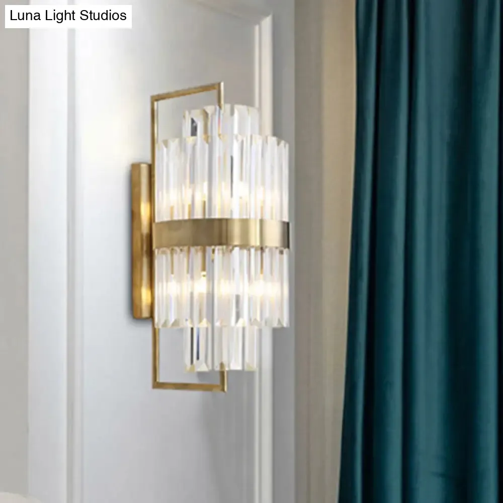 Postmodern Crystal Block Wall Sconce in Gold with 2 Cylinder Lights - Ideal for Corridors