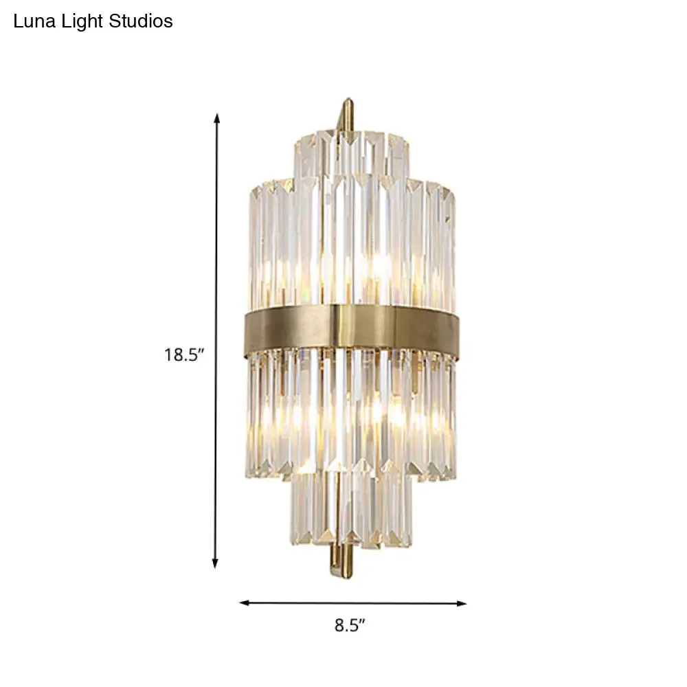 Postmodern Crystal Block Wall Sconce in Gold with 2 Cylinder Lights - Ideal for Corridors
