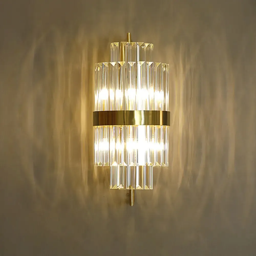 Postmodern Crystal Block Wall Sconce in Gold with 2 Cylinder Lights - Ideal for Corridors