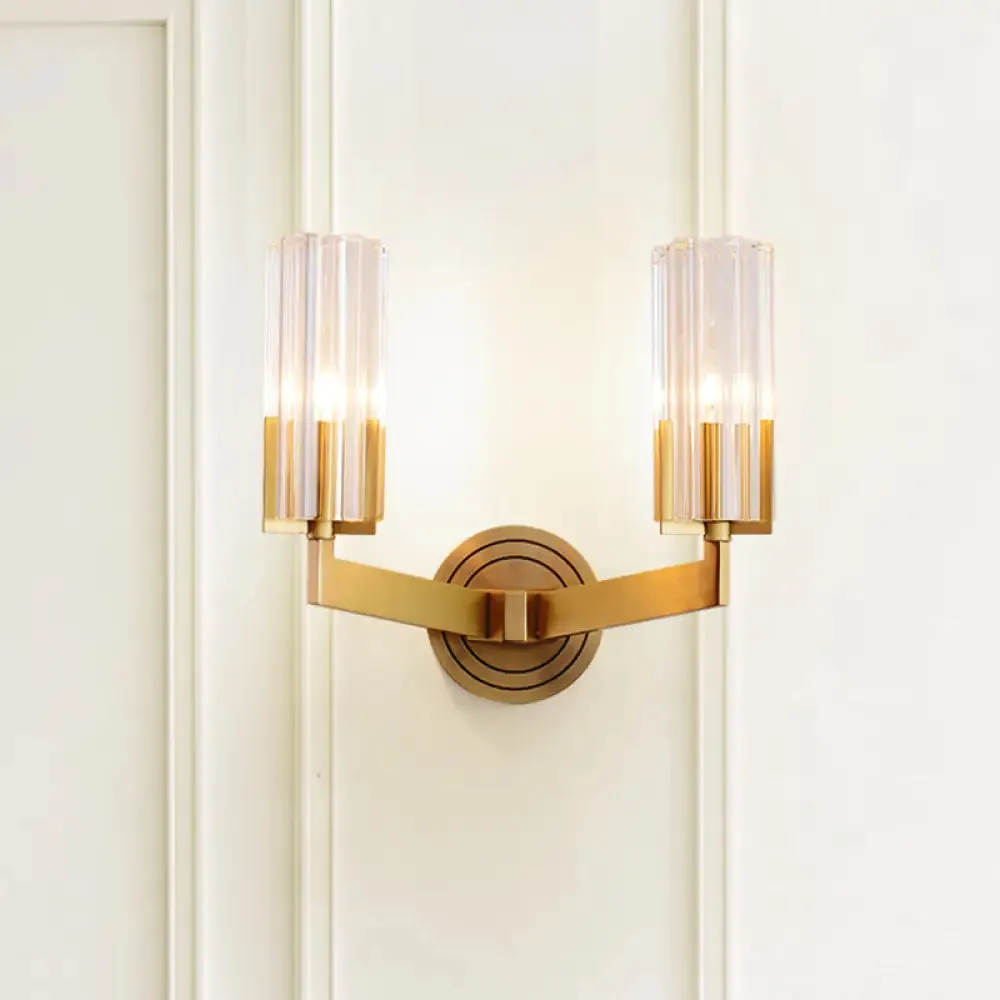 Retro Crystal Ribbed Wall Lamp with Brass Flush Sconce for Living Room - 1/2 Lights