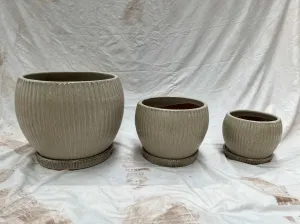 Set of 3 Cream Glazed Ceramic Round Planters with Ribbed Design and Saucers