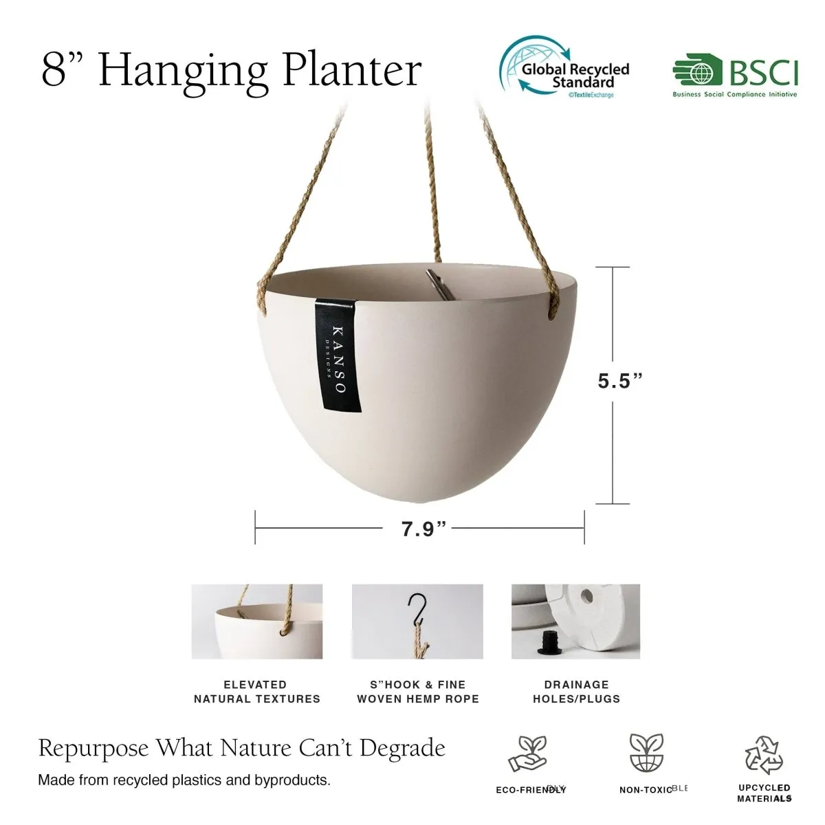 Signature Stone Hanging Planter Pot 8 Inch (Round Bottom)