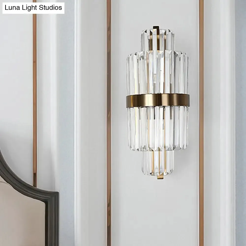 Spool Wall Sconce Light - Modern Faceted Clear Crystal Prism - 2 Lights - Brass Finish