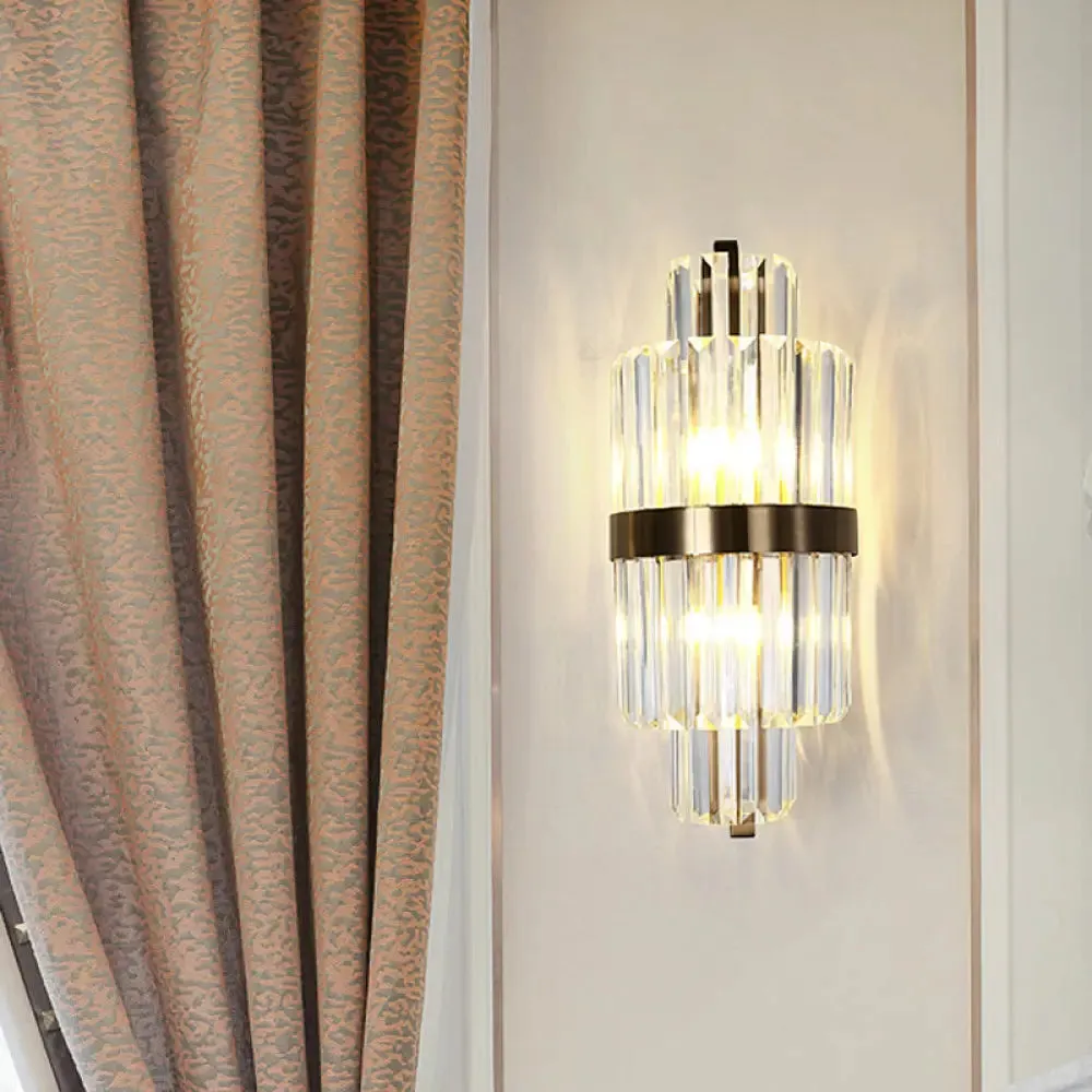 Spool Wall Sconce Light - Modern Faceted Clear Crystal Prism - 2 Lights - Brass Finish