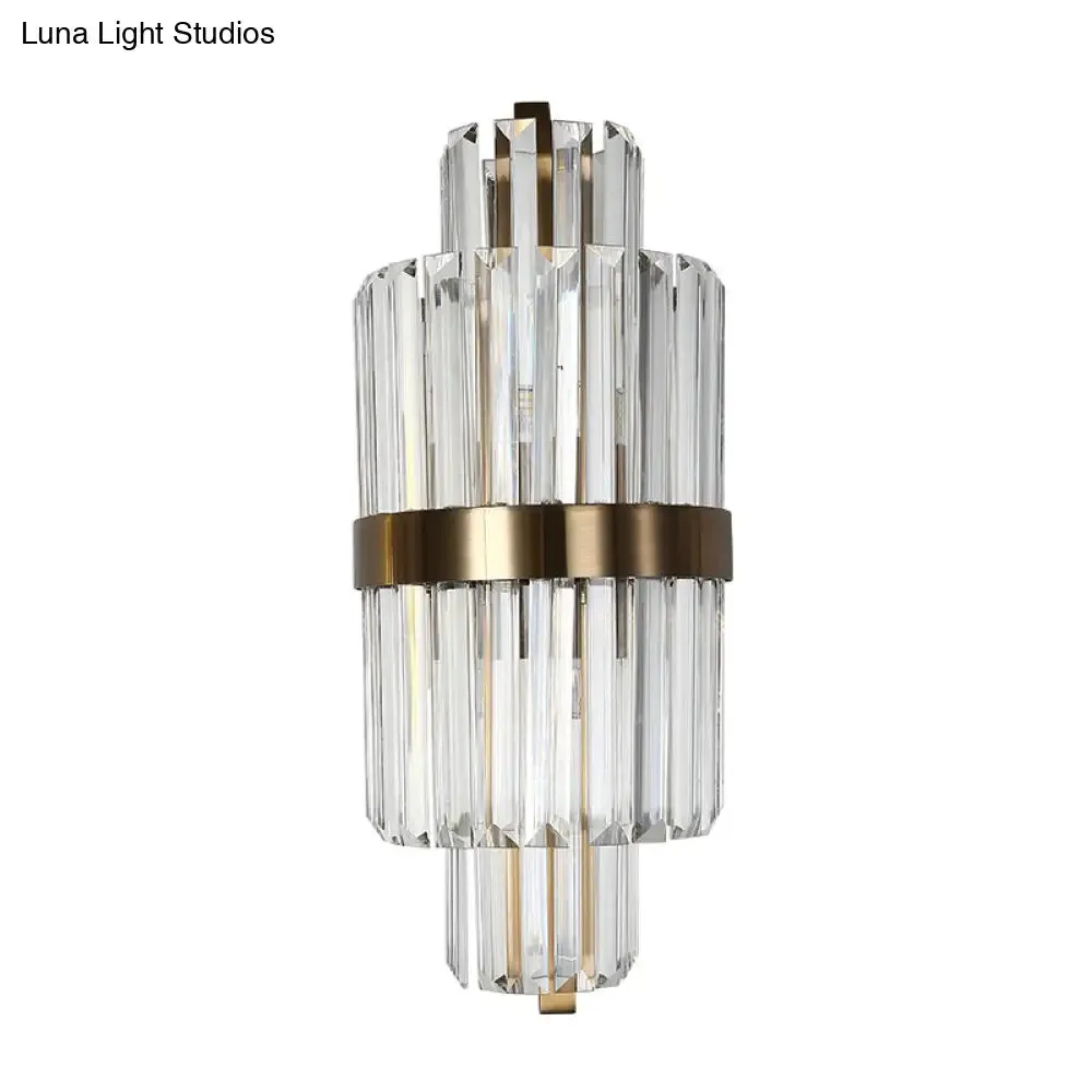 Spool Wall Sconce Light - Modern Faceted Clear Crystal Prism - 2 Lights - Brass Finish