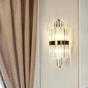 Spool Wall Sconce Light - Modern Faceted Clear Crystal Prism - 2 Lights - Brass Finish