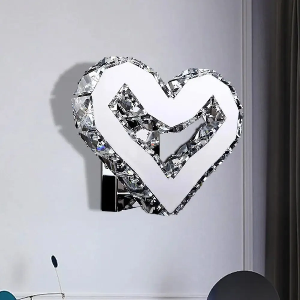 Stainless-Steel LED Heart Sconce - Modern Clear Crystal Wall Lamp in Warm/White Light