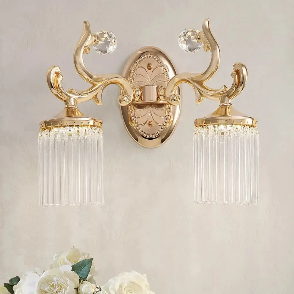 Vintage Crystal Wall Light with Gold Curved Arm & 1/2 Bulbs for Clear Pipe Lighting