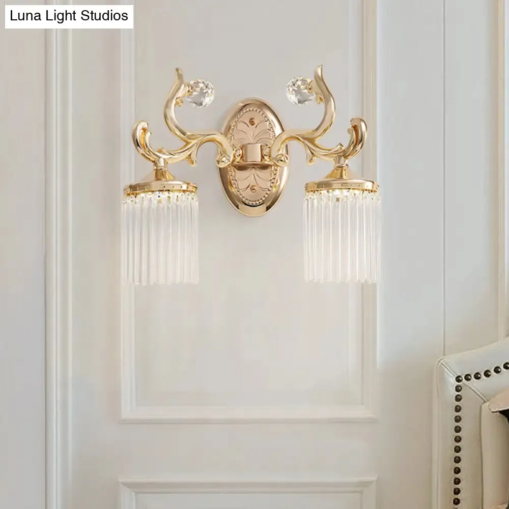 Vintage Crystal Wall Light with Gold Curved Arm & 1/2 Bulbs for Clear Pipe Lighting