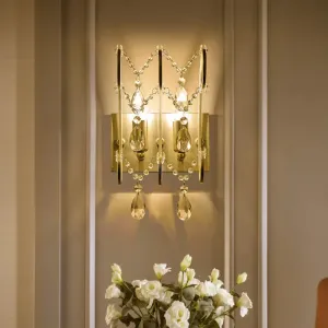 Vintage Exposed Sconce with Metallic Chrome Finish, Clear Crystal Beads, and 2 Bulbs for Living Room Wall Mount Light