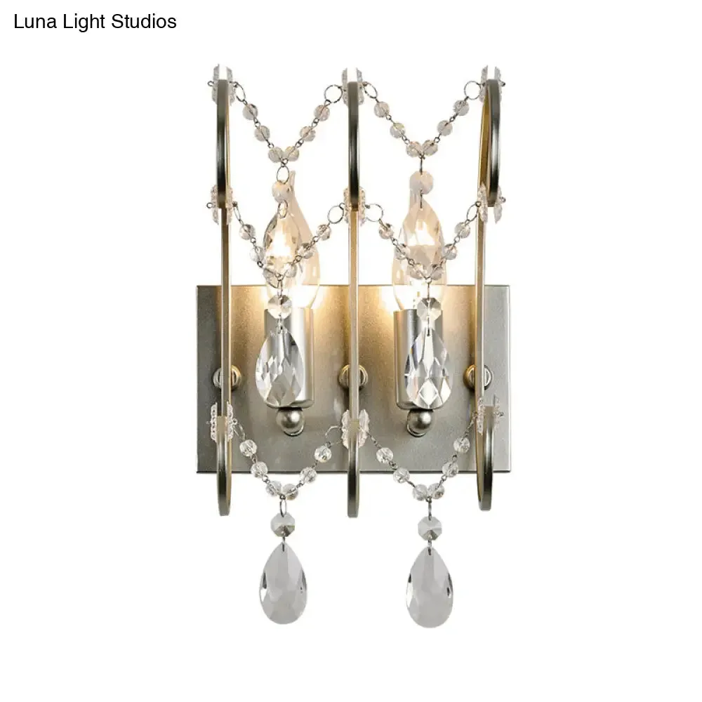 Vintage Exposed Sconce with Metallic Chrome Finish, Clear Crystal Beads, and 2 Bulbs for Living Room Wall Mount Light