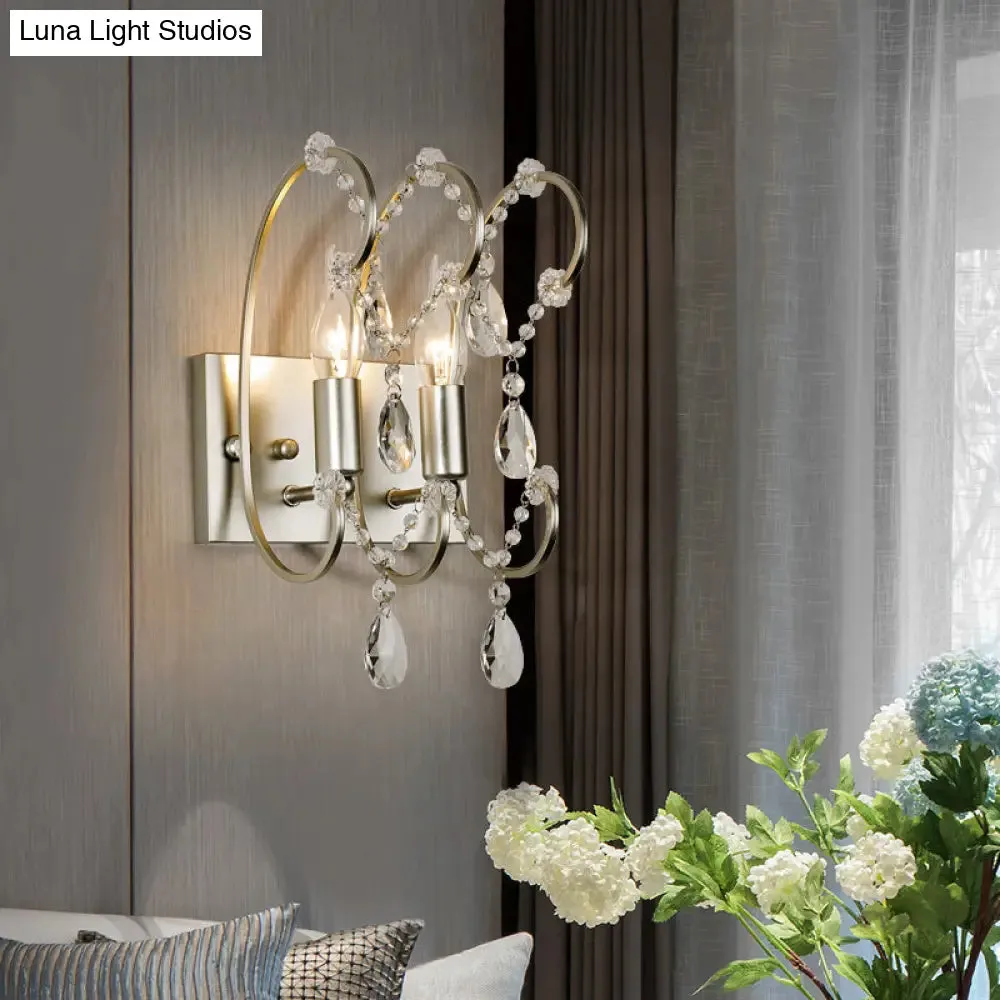 Vintage Exposed Sconce with Metallic Chrome Finish, Clear Crystal Beads, and 2 Bulbs for Living Room Wall Mount Light