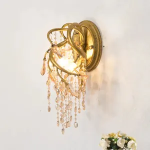 Vintage Metal Wall Mount Sconce Light with Amber Crystal Bead Accent - Brass Finish, 1 Bulb