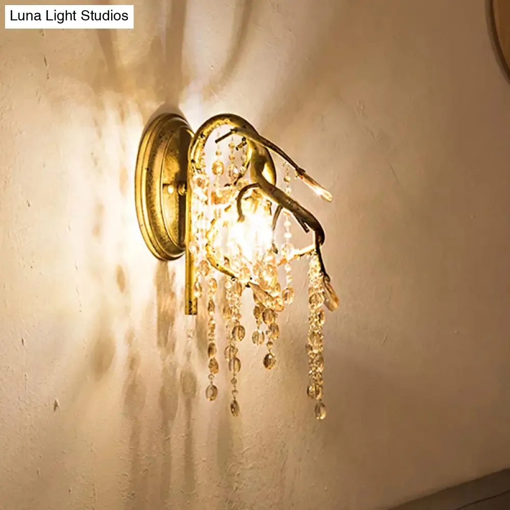 Vintage Metal Wall Mount Sconce Light with Amber Crystal Bead Accent - Brass Finish, 1 Bulb