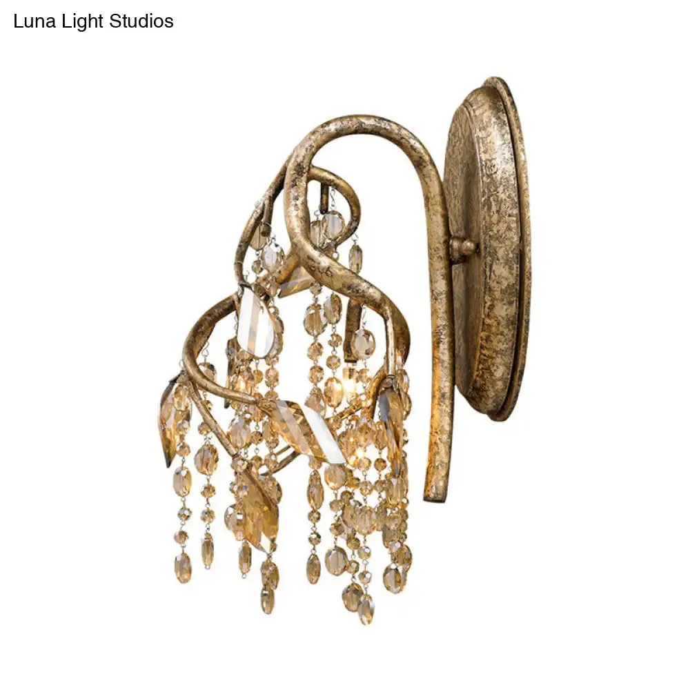 Vintage Metal Wall Mount Sconce Light with Amber Crystal Bead Accent - Brass Finish, 1 Bulb