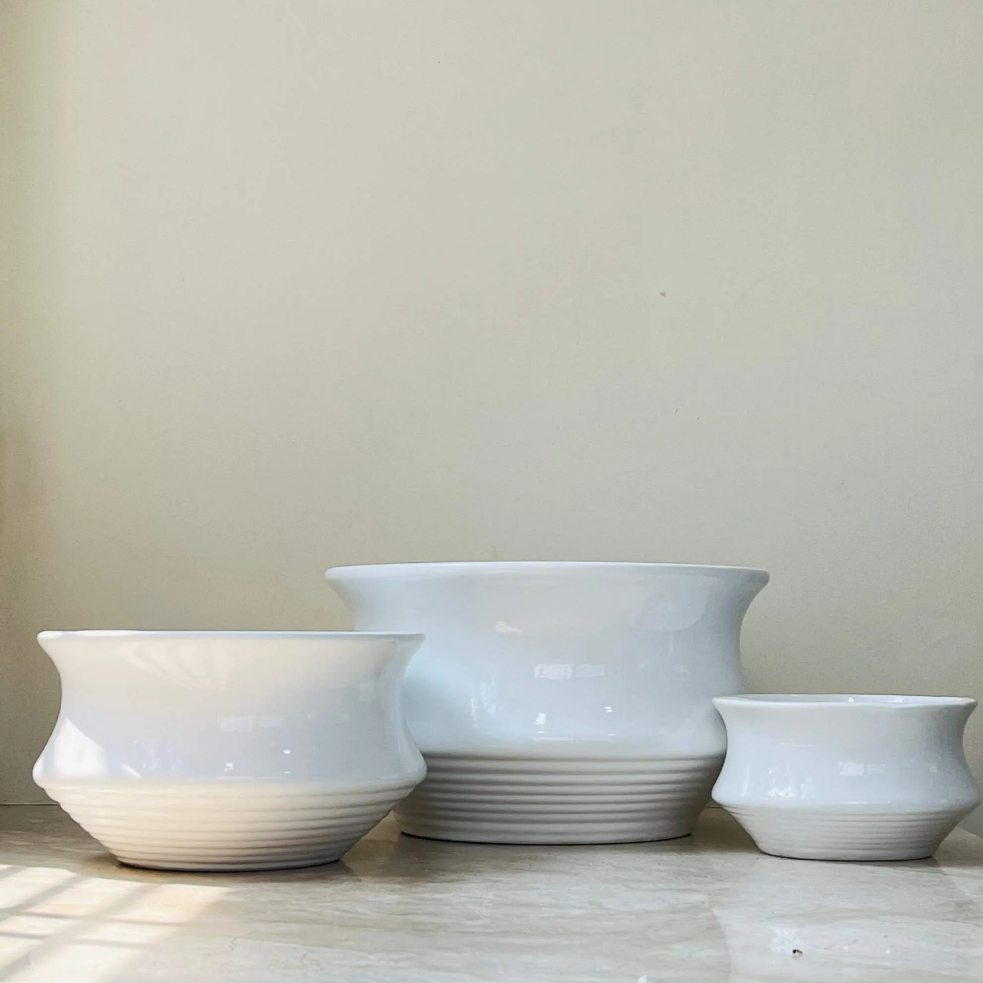 White Flared Ceramic Planters - Set of 3 with Ribbed Base
