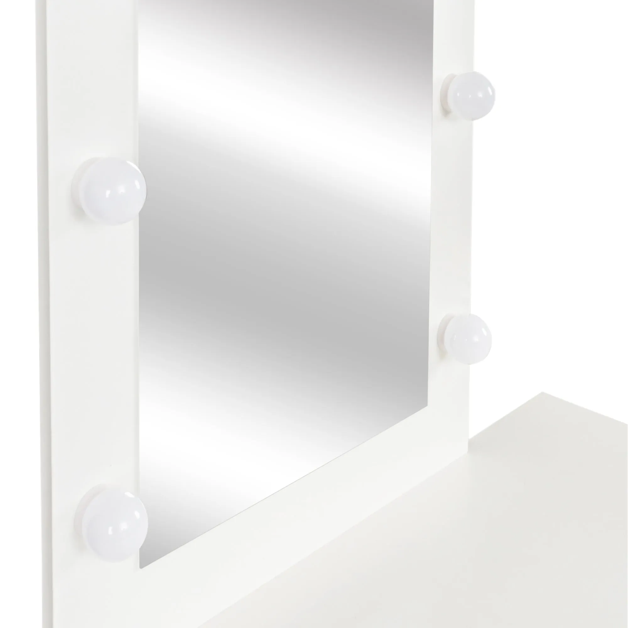 White modern simple vanity, solid metal frame construction, 9 LED lights illuminate makeup mirror, adjustable brightness